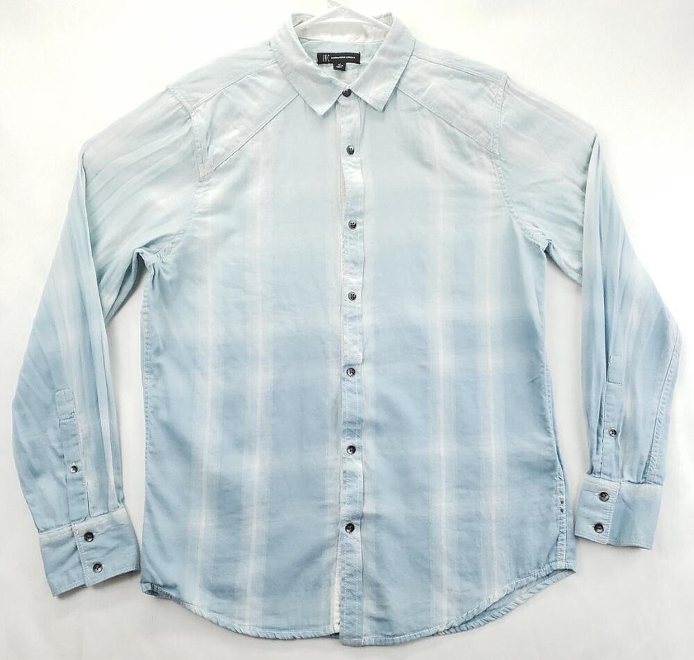 INC International Concepts Shirt Men Medium Blue White 100% Cotton Metal Buttons